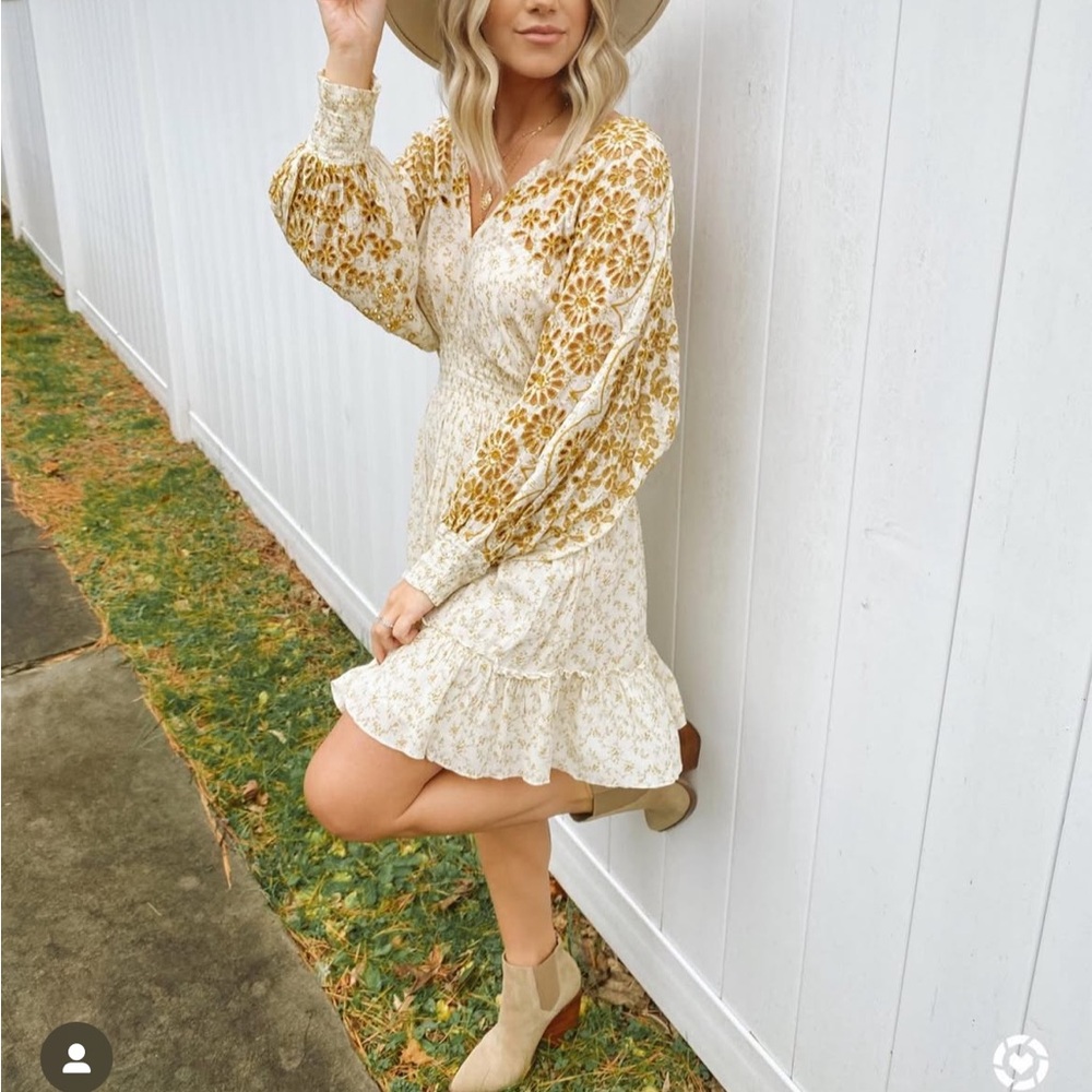 Floral Patterned Cream and Gold Dress
